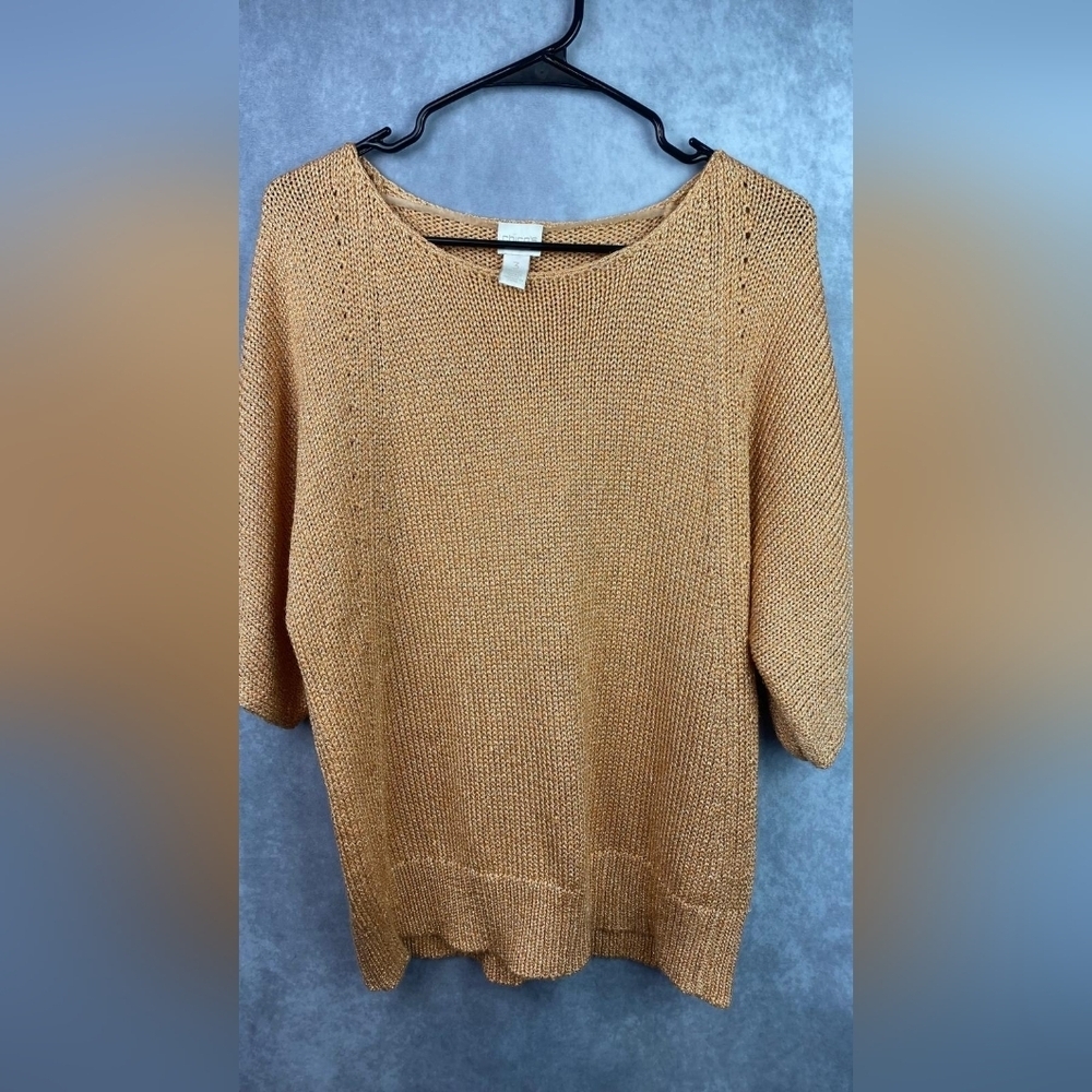 Chico's Women's Peach Metallic Short Sleeve Sweater Size‎ 3 US 16 XL